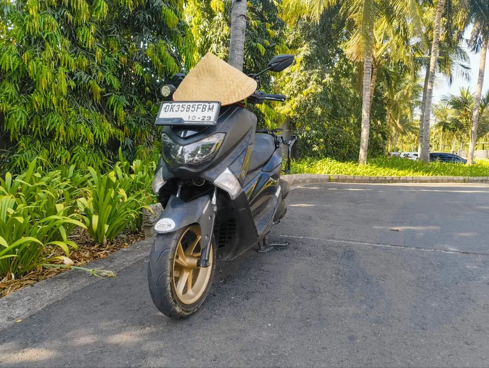 Front view of the NMax with its straw hat on the mirror
